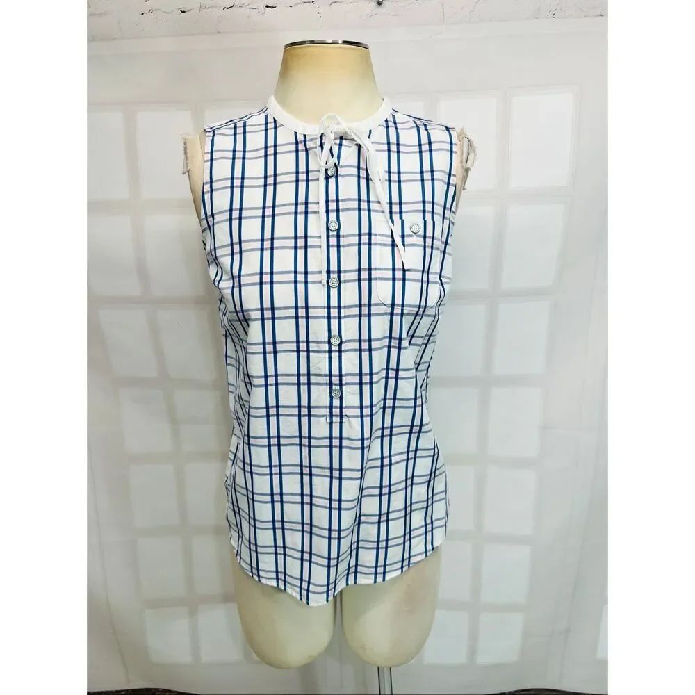 Brooks Brothers Red Fleece Blue White Plaid Sleeveless Tie Neck Blouse Top Sz 2